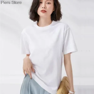 New Spring Summer Tee Long T Shirt Women Kawaii T-Shirts Women 2022 Autumn Solid Simple Oversized Tshirt White Short Sleeve Tops