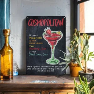 1PC Tin Sign Cosmopolitan Cocktail - Home Bar/Party Decor, Hand-Drawn Recipe, Vintage Chalkboard Art, 8x12 Inches/20x30 Cm