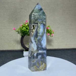 Natural Water Grass Agate Crystal Geode Hexagon Prism Tower Obelisk for Spiritual Meditation Reiki Gift Home Decor